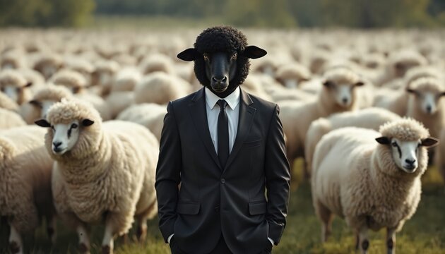 Black sheep dressed in a suit stands among white sheep. A man with sheep head represents uniqueness in business world. Symbol of difference standing out from a crowd.