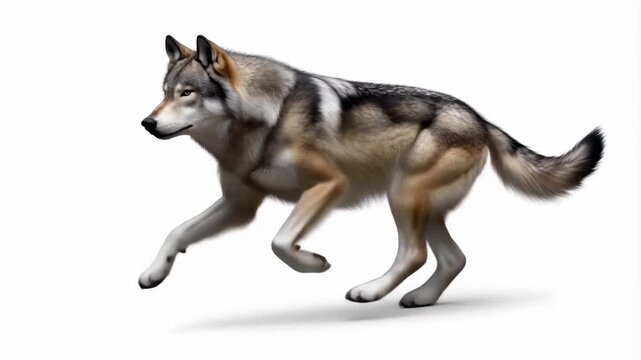 Wolf running in motion sequence on white background capturing dynamic movement and grace