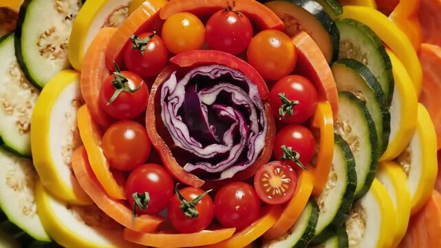 Artistic Presentation Of Fresh Vegetables Display In A Spiral Pattern Perfect For Commercial Usage