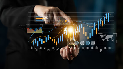 A businessman in a suit analyzes glowing data trends on a digital interface, symbolizing innovative ideas for financial growth and effective investment strategies. Gantry