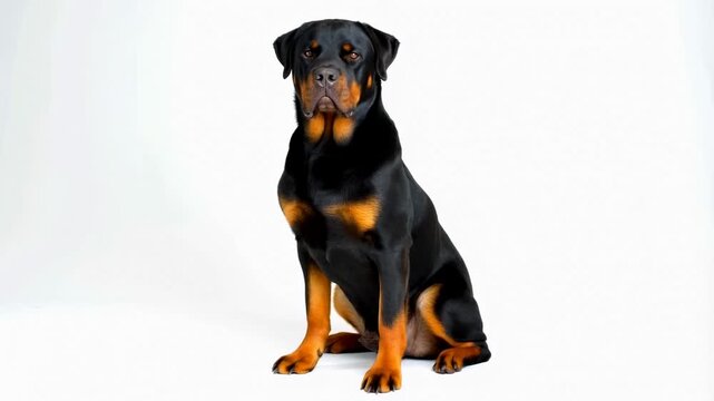 Attentive rottweiler sits calmly, displaying alertness and elegance