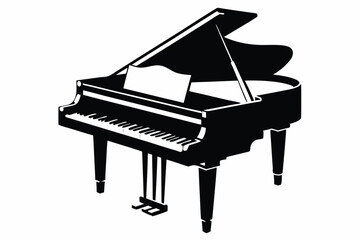 A classic grand piano silhouette, rendered in striking black and white
