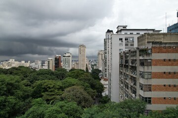 Cloudy urban landscape in Sao Paulo with buildings and lush greenery