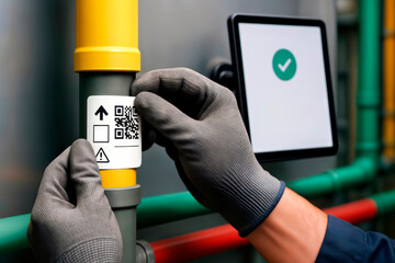 Gloved technician applying QR code label to industrial pipe beside tablet. Space for text.