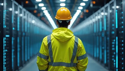 Man in hard hat and safety jacket inspects server racks. Worker in data center at work. Tech professional at a modern data storage facility monitors hardware equipment.