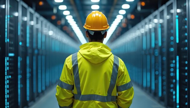 Man in hard hat and safety jacket inspects server racks. Worker in data center at work. Tech professional at a modern data storage facility monitors hardware equipment. - Powered by Adobe