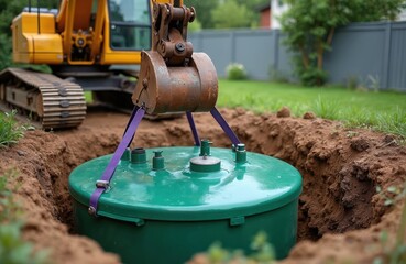 An excavator lowers a green septic tank into a prepared pit. The installation of an autonomous sewage system occurs. The country house and the surrounding green area are visible.
