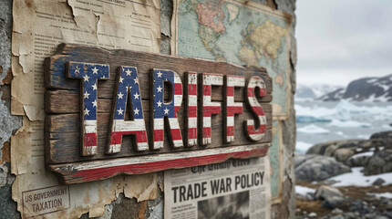TARIFFS" Text with USA Flag Texture on Snowy Greenland Arctic Background