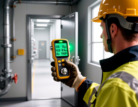 Worker holds digital gas detector showing safety readings in industrial facility hallway.
