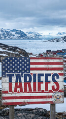 TARIFFS" Text with USA Flag Texture on Snowy Greenland Arctic Background