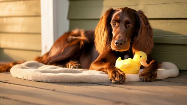 Tender irish red setter resting with duckling sweet bonding moment