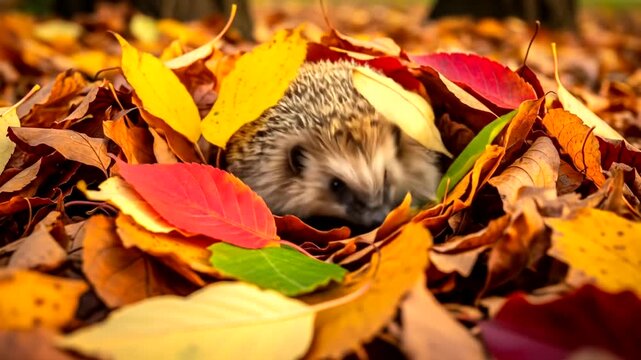 Adorable Hedgehog Nestled Among Vibrant Autumn Leaves in a Forest.