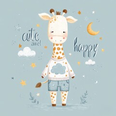 Giraffe wearing clothes in a night sky with clouds and stars