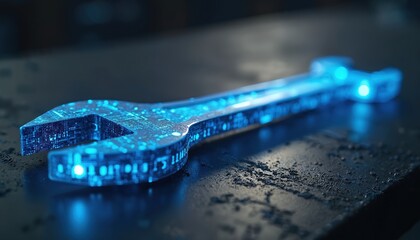 Blue glowing digital wrench shows binary code on dark tech surface. Represents AI in maintenance, automation, remote repair systems. Smart spanner tool performs future equipment diagnostics,