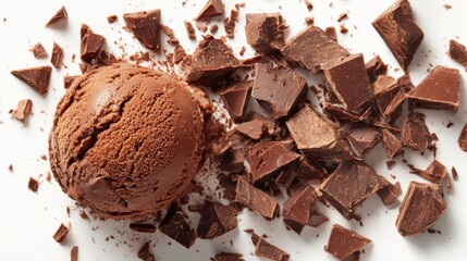 Chocolate ice cream and chocolate chunks on a white background