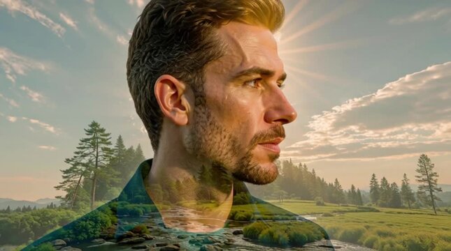 A man with a contemplative expression stands in a serene natural landscape with a river and trees in the background, captured in a thought-provoking video.