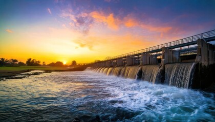 Fototapeta premium Scenic dam with cascading water at sunset, creating a vibrant landscape.