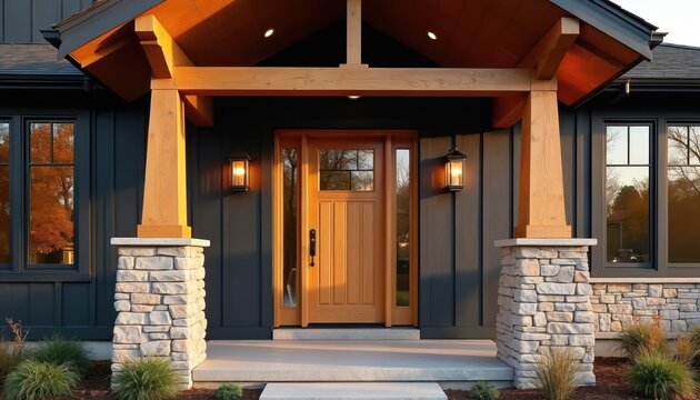 Natural wood front door with glass panels is set in dark board and batten siding. Stone accent pillars support a timber frame porch roof above. Exterior lights flank the entranceway.