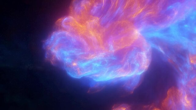 Glowing cosmic cloud morphs in vibrant neon colors against starry night sky