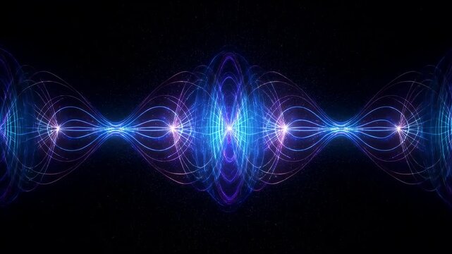 Expanding neon waves pulsate in digital space, creating mesmerizing symmetrical patterns