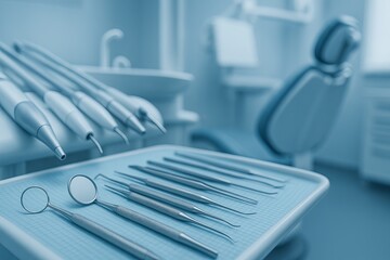 Banner of dentists office closeup with various dental tools and instruments in cool blue tones