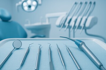 Banner of dentists office closeup with various dental tools and instruments in cool blue tones