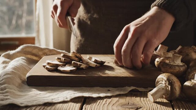 Detailed View Of Man Slicing Mushrooms On A Wooden Cutting Board In A Rustic Setting