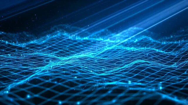 Dynamic blue wave wireframe animation with glowing light streaks and digital grid motion