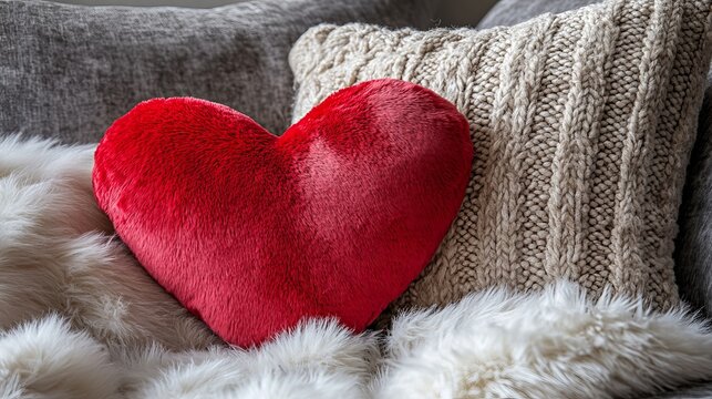 A red heart-shaped pillow resting on a cozy couch with a fuzzy blanket and knitted pillow. Valentine day Special