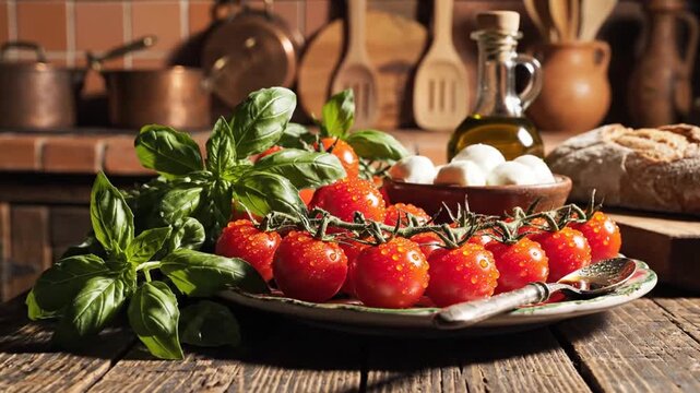 Classic Caprese Salad Composition On Rustic Wooden Table In Warm Kitchen Light