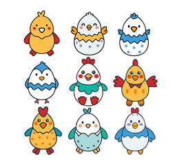 Cute baby chicks and hatchlings emerging from decorated eggs, representing spring, easter, and farm animal themes