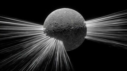 Celestial composition of Mercury orb with radiant energy streams, showcasing a minimalistic design and cosmic elements, emphasizing the concept of retrograde Mercury