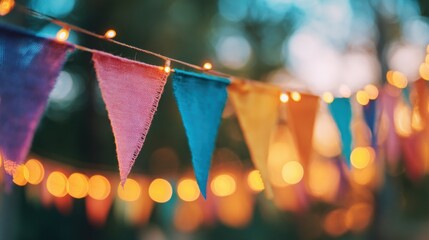 Colorful flags and lights decorate an outdoor space for a gathering at sunset