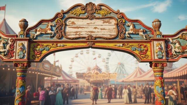 Vintage Carnival Entrance Archway with Crowd.
