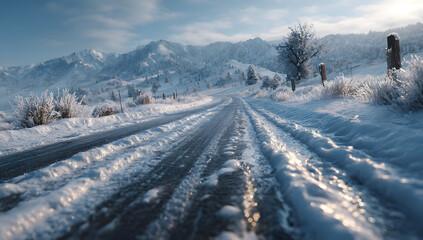 Snow-covered road surface with ice layers, winter landscape providing a textured background for travel-related layouts