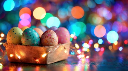 Colorful Easter eggs in a basket with bright lights in the background