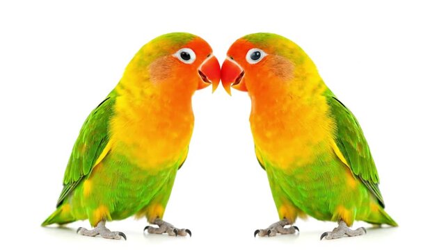 Two colorful lovebirds standing side by side on white background
