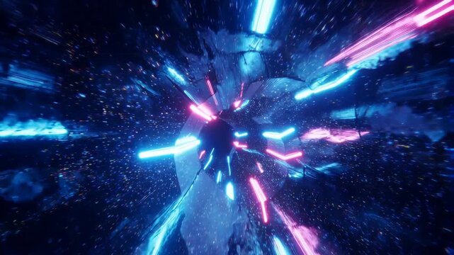Highspeed tunnel escape through neon lights in space