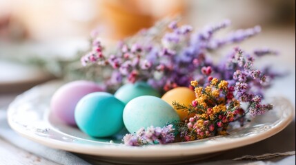 Obraz premium Colorful eggs and flowers on a plate during spring celebration
