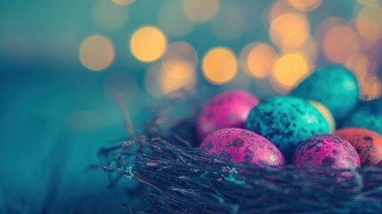 Colorful eggs in a nest with blurred lights in the background during spring time