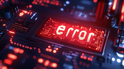 A close-up view of a computer circuit board with a red error message on the screen
