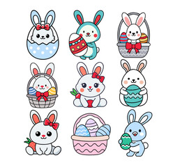 Kawaii easter bunnies carrying decorated eggs and baskets
