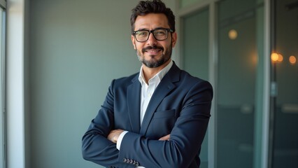 Fototapeta premium Mature urban business man with specs crossing his arms. Arabic style. Muslim businessman. 