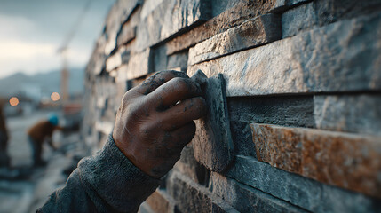 Low-angle view, worker fitting stone veneer onto exterior wall, trowel in hand, partially completed stone pattern visible, construction site blurred in background