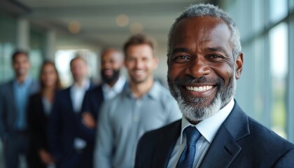 Team of business professionals in formal wear. Focus on smiling African American man at the front. Other business people blurred in background at office. Group of experts.