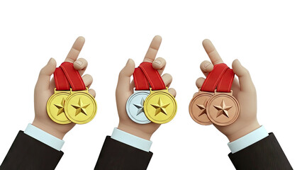 Hands holding gold, silver, and bronze medals