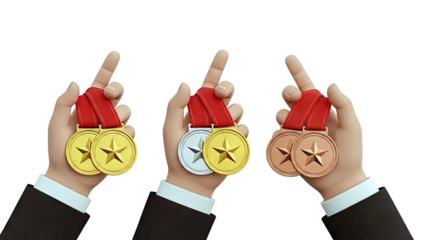 Hands holding gold, silver, and bronze medals