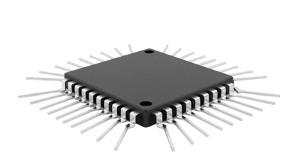 Close-up of a black integrated circuit chip with radiating pins