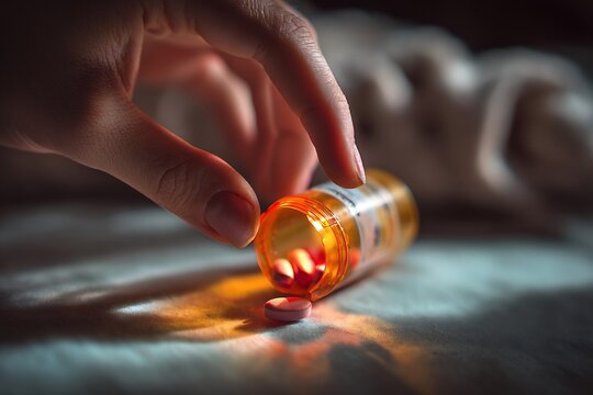 Close up hand hesitating over pill bottle internal struggle opioid addiction relapse risk dramatic shadow lighting intense emotion narrative photography real textures shallow focus