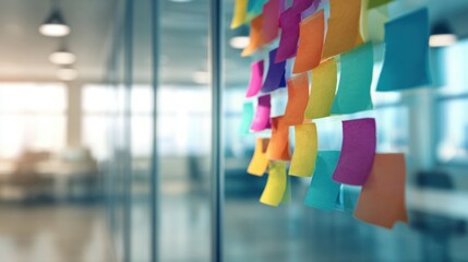 Colorful sticky notes on glass wall in office at daytime with blurred background